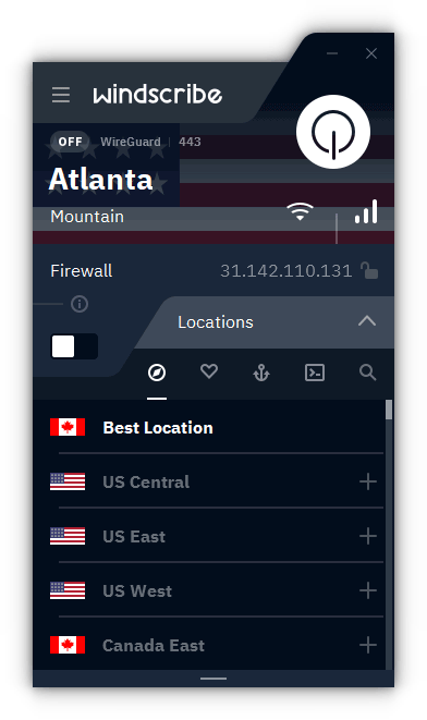 Интерфейс Windscribe
