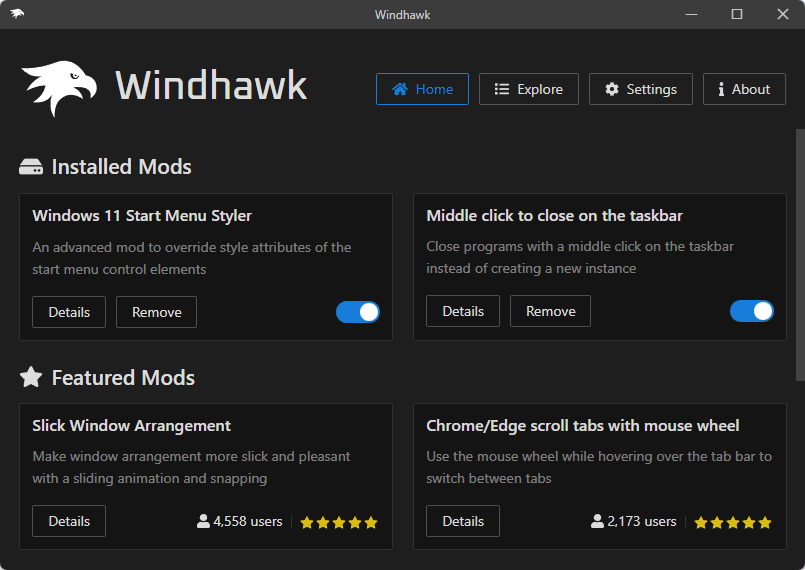 Интерфейс Windhawk